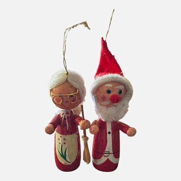 Other - Vintage Santa & Mrs Claus Wood Peg Doll Christmas Ornaments Set of 2